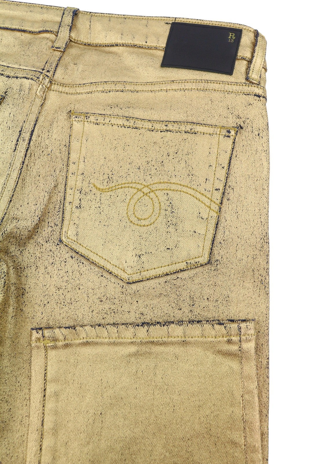 R13 Boy Straight Women Jeans 27 Stretch Gold Indigo Shiny Giller Cropped