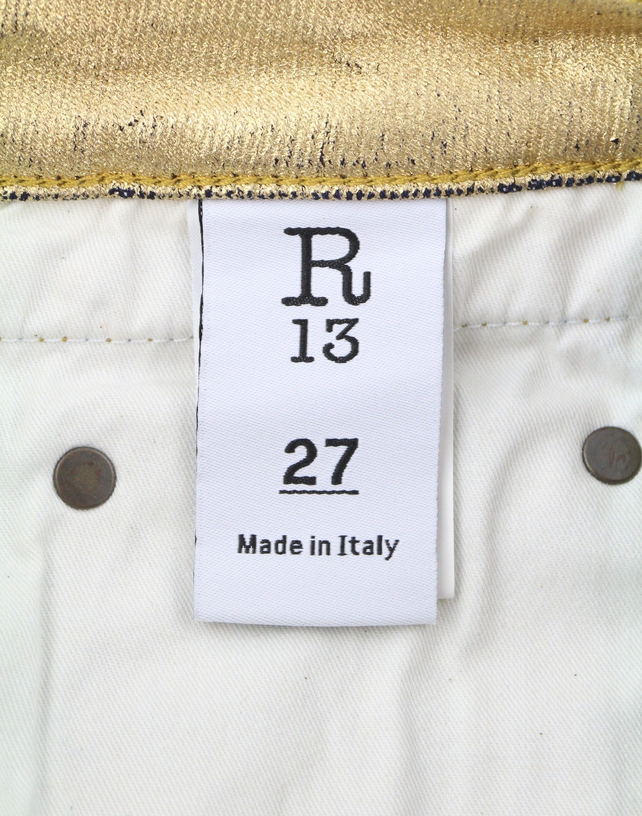 R13 Boy Straight Women Jeans 27 Stretch Gold Indigo Shiny Giller Cropped