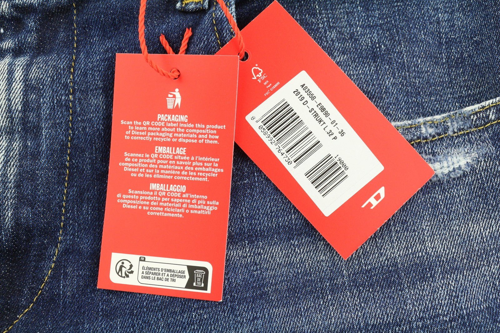 DIESEL 2019 D-Strukt E9B90 Men W36/L32 Slim Blue Denim Distressed Faded RRP250