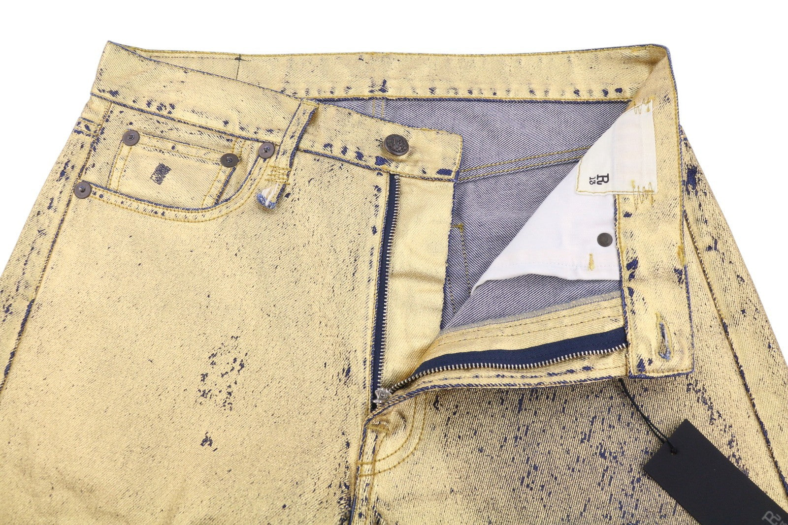 R13 Boyfriend Women Jeans 27 Vintage Gold Indigo Shiny Glitter Zip Fly