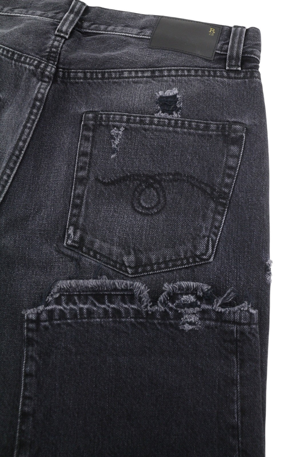 R13 Boyfriend Women Jeans 31 Jake Black Whiskers Faded Distress Ripped