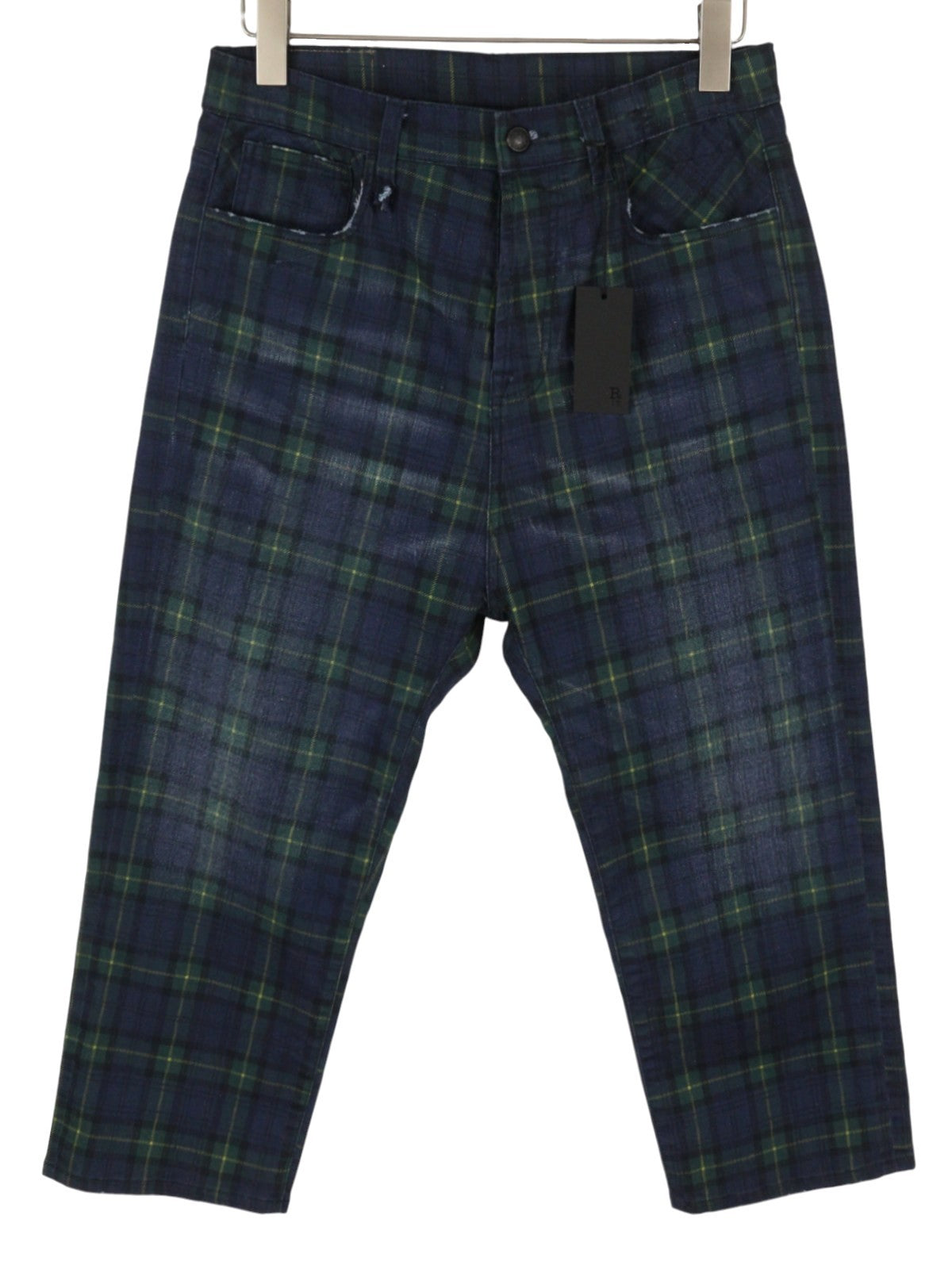 R13 Tailored Drop Women Jeans 27 Printed Tartan Plaid Faded Cropped Ankle Blue