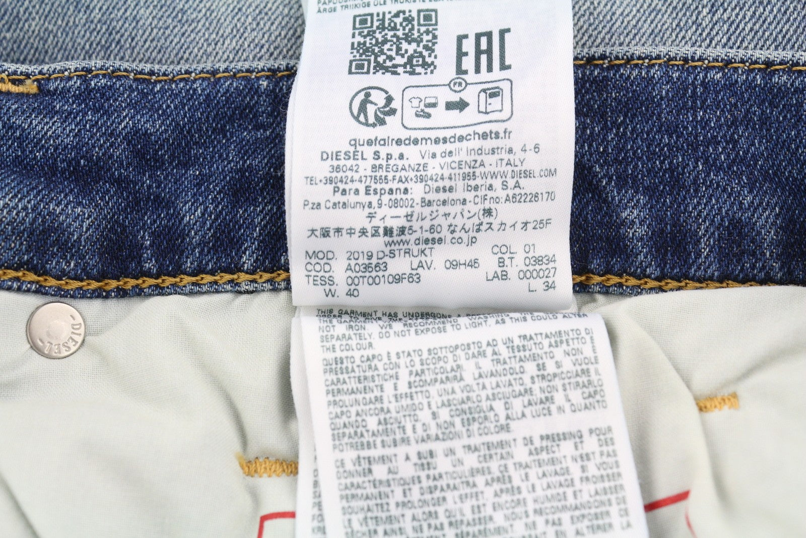 DIESEL 2019 D-Strukt 09H45 Men W40/L34 Slim Blue Faded Distressed Jeans RRP250