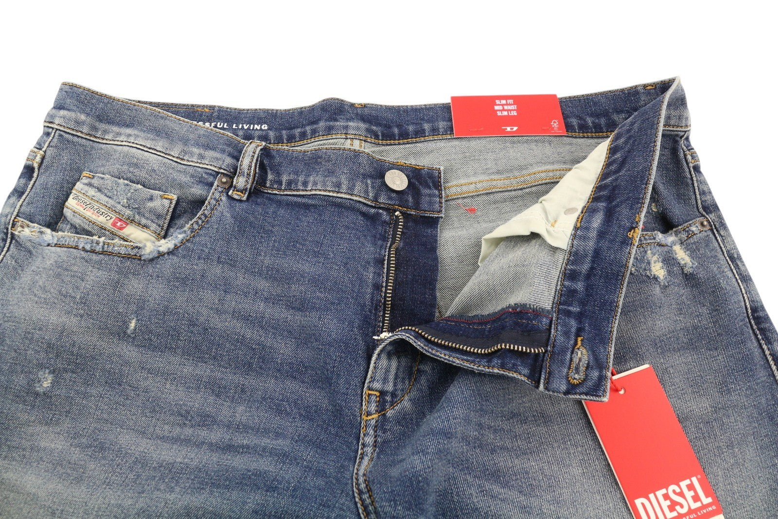 DIESEL 2019 D-Strukt 09H45 Men W40/L34 Slim Blue Faded Distressed Jeans RRP250