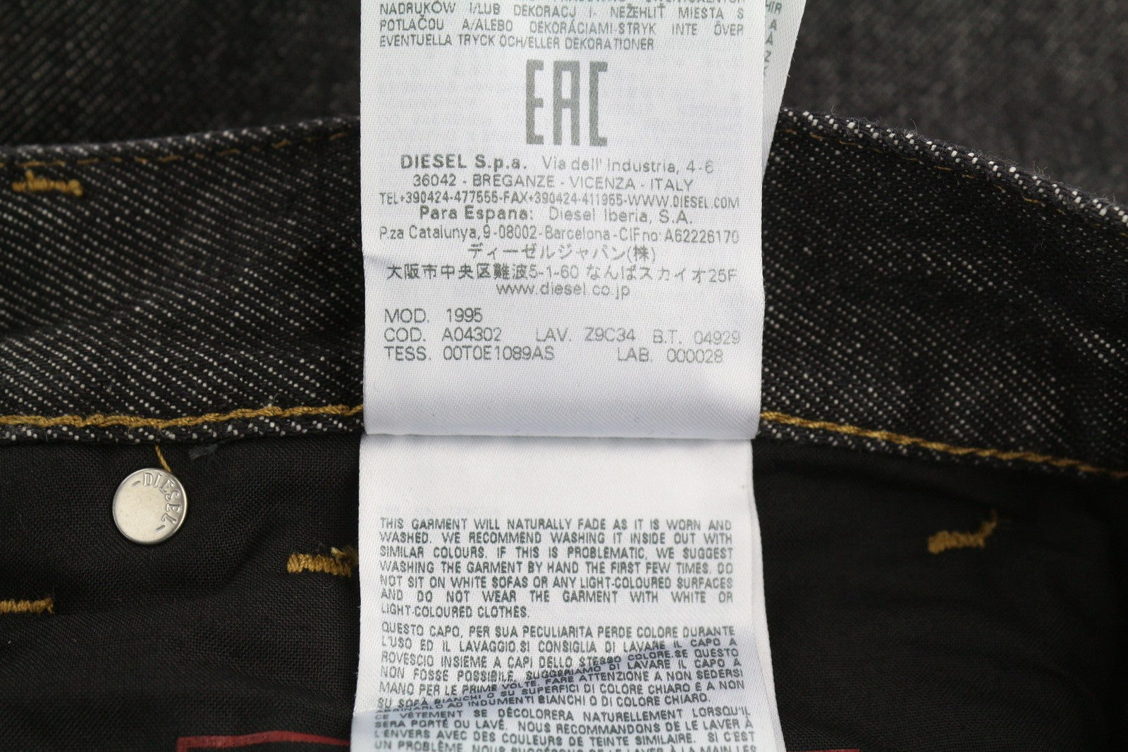 DIESEL 1995 Z9C34 Men's W34/L30 Slim Straight Dark Denim Button Fly RRP185