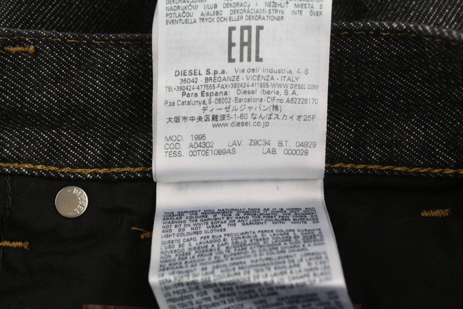 DIESEL 1995 Z9C34 Men's W34/L30 Slim Straight Dark Buttoned Denim RRP185