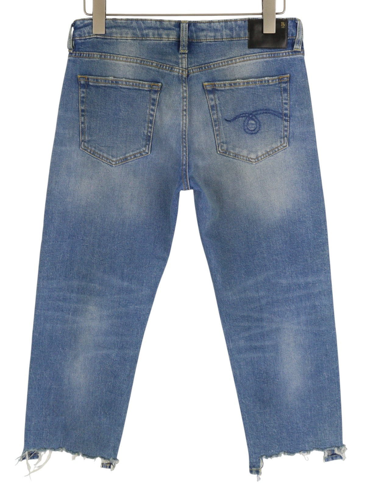 R13 Boy Women's 29 Jeans Jasper Blue Straight Stretch Washed Distressed