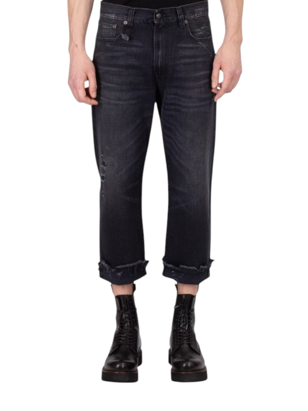 R13 Boyfriend Men's 32 Jake Black Straight Denim Distressed Zip Fly