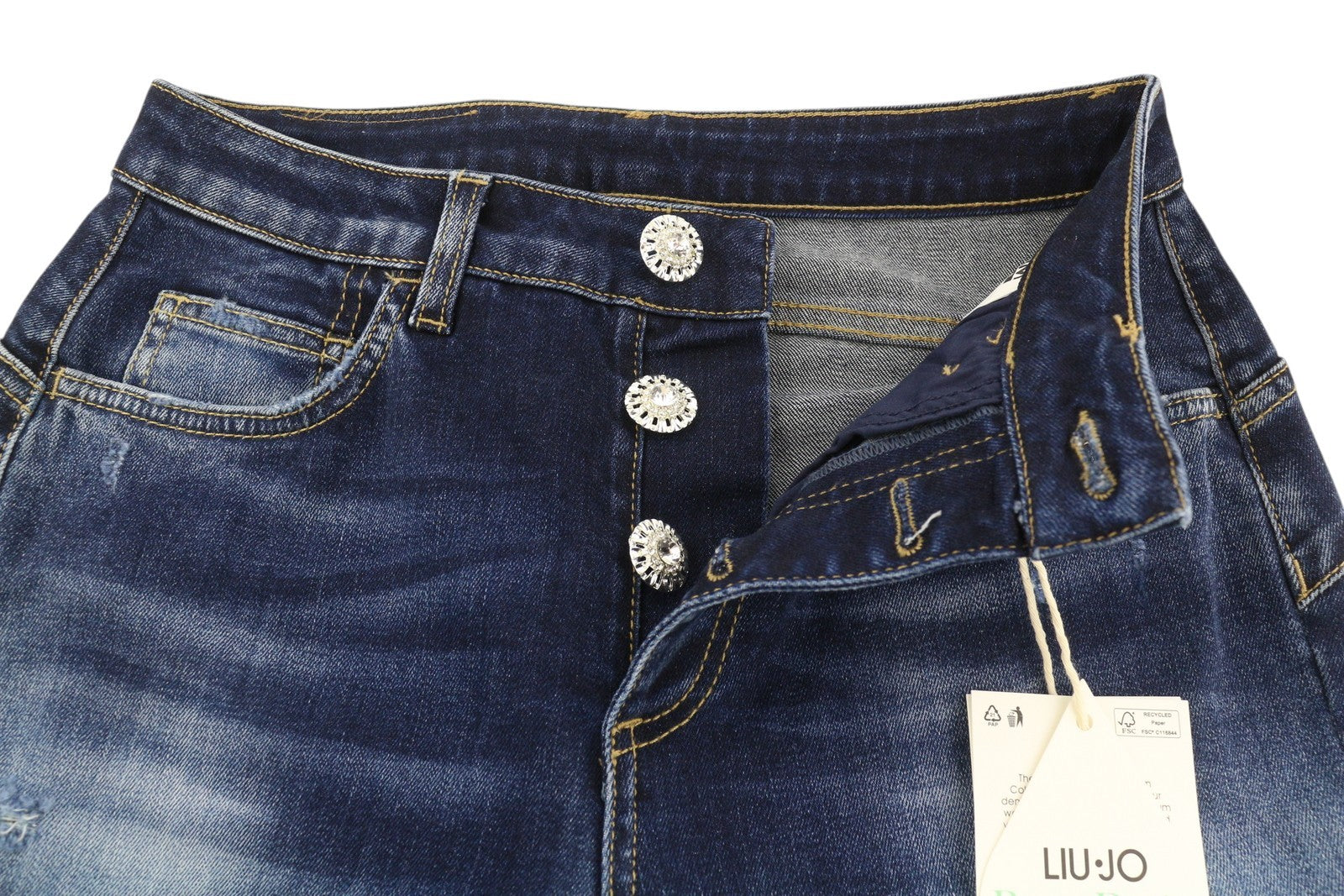 LIU JO Cute Women's W28 Skinny Ripped Washed Blue Denim Button Finish