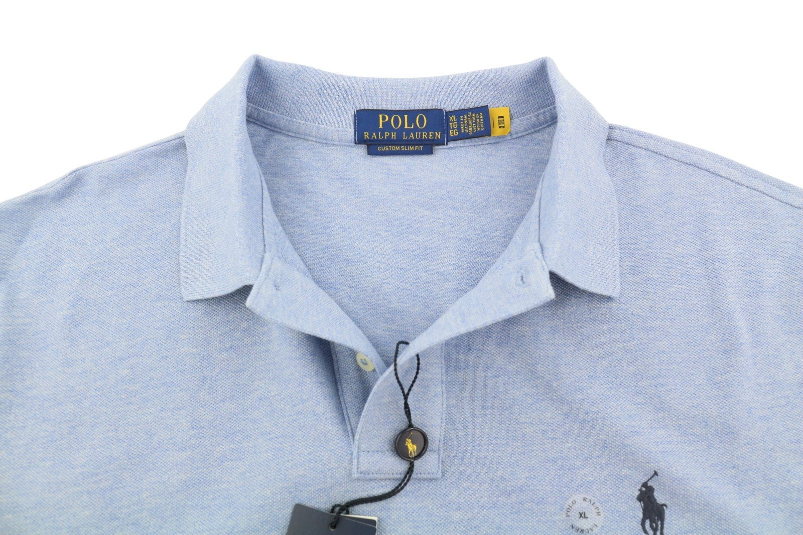 RALPH LAUREN Custom Slim Fit Men Polos XL Blue Melange Embroidered Short Sleeve