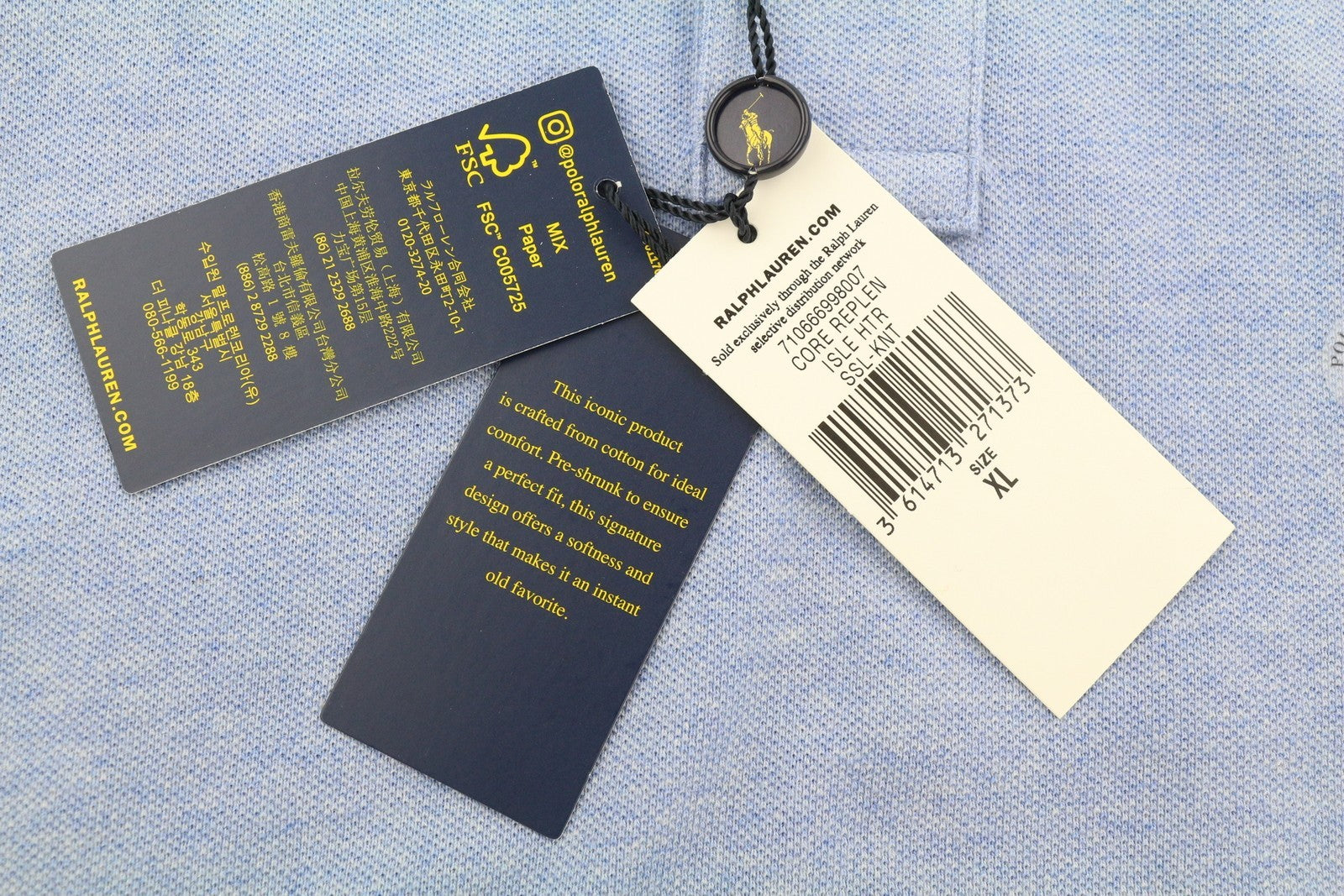 RALPH LAUREN Custom Slim Fit Men Polos XL Blue Melange Embroidered Short Sleeve