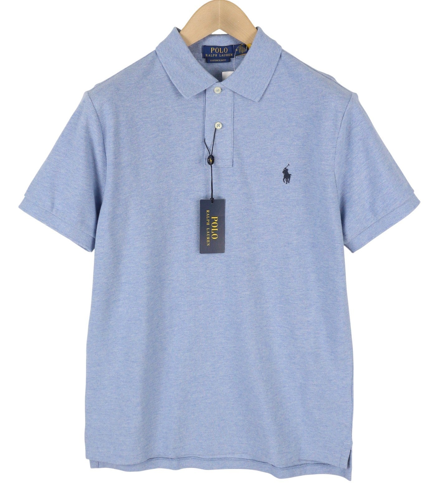 RALPH LAUREN Custom Slim Fit Men Polos M Blue Melange Embroidered Short Sleeve