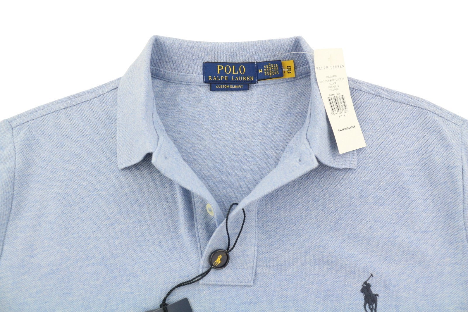 RALPH LAUREN Custom Slim Fit Men Polos M Blue Melange Embroidered Short Sleeve