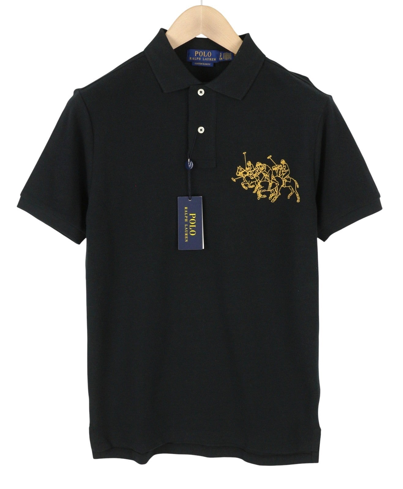 RALPH LAUREN Custom Slim Fit Men Polos S Black Embroidered Cotton Short Sleeve