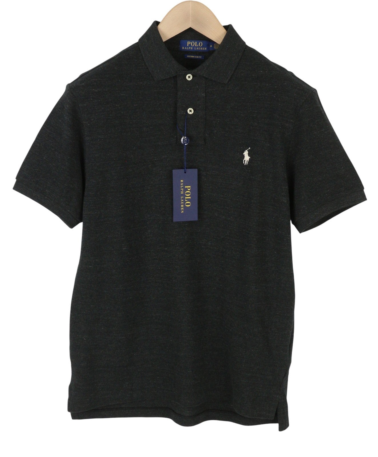 RALPH LAUREN Custom Slim Fit Men Polos M Black Melange Cotton Logo Short Sleeved