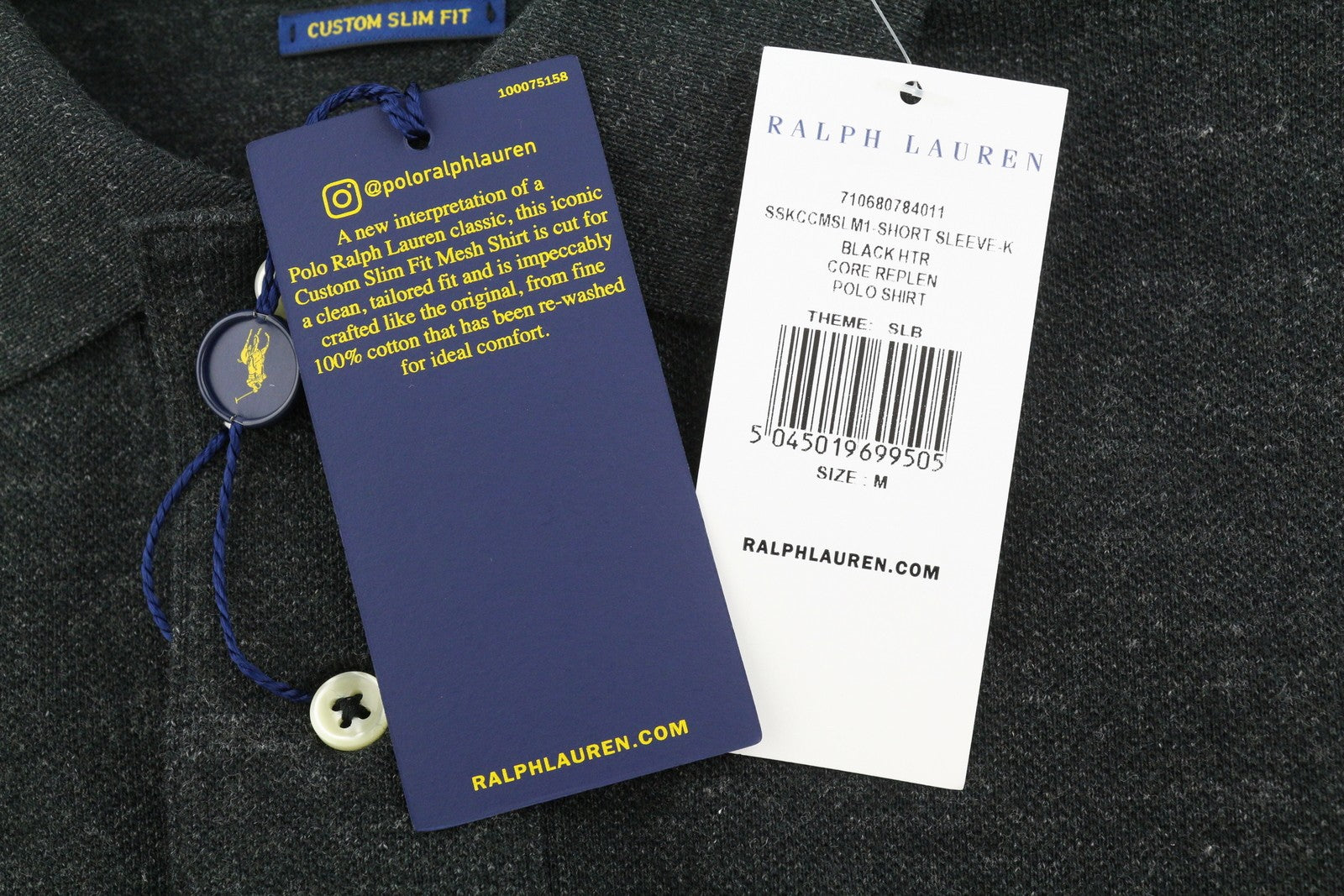 RALPH LAUREN Custom Slim Fit Men Polos M Black Melange Cotton Logo Short Sleeved