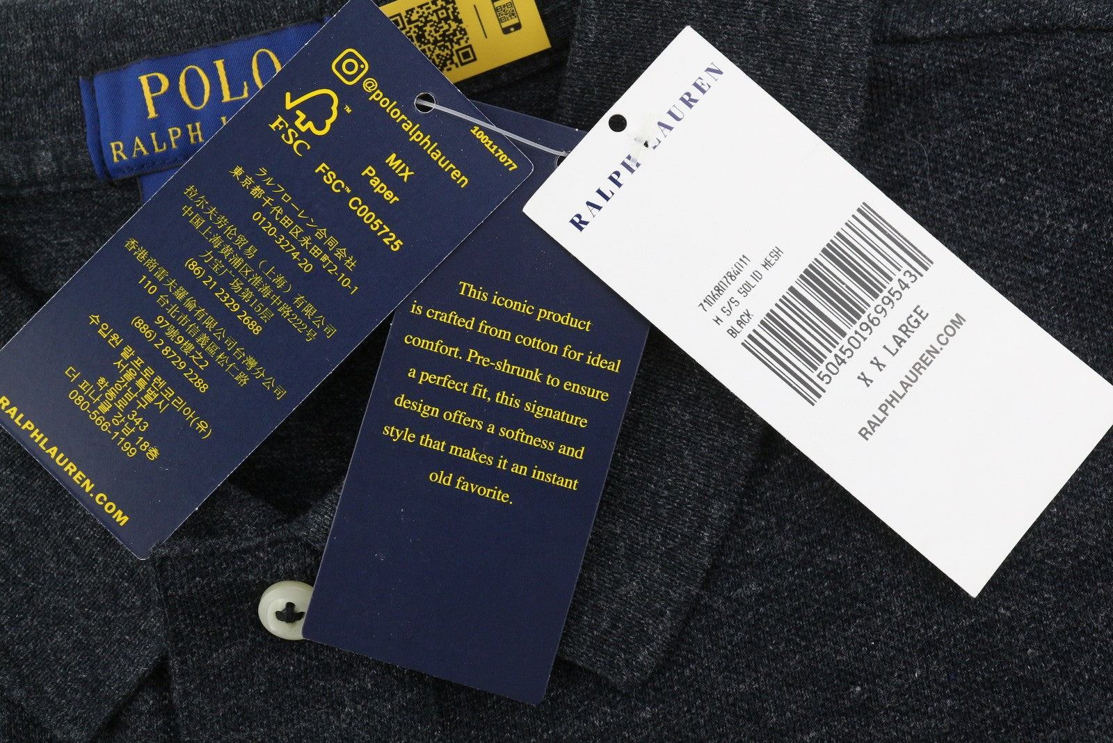 RALPH LAUREN Custom Slim Fit Men Polos 2XL Black Melange Cotton Short Sleeved