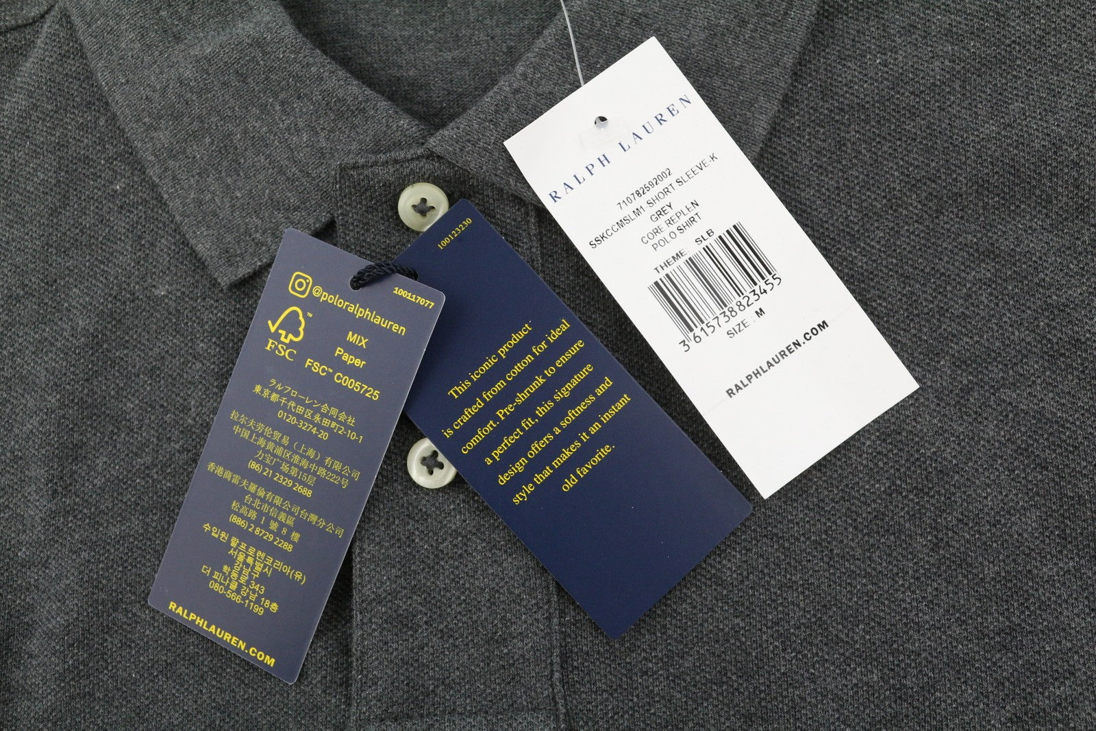 RALPH LAUREN Custom Slim Fit Men Polos M Dark Grey Melange Cotton Short Sleeve