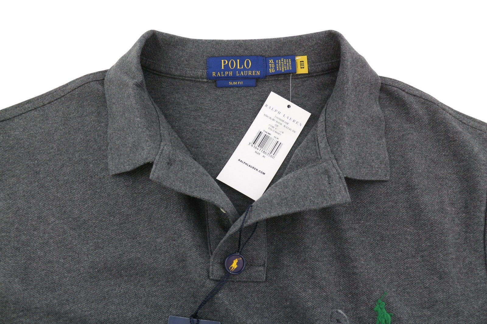 RALPH LAUREN Slim Fit Men Polos XL Dark Grey Melange Cotton Logo Short Sleeve