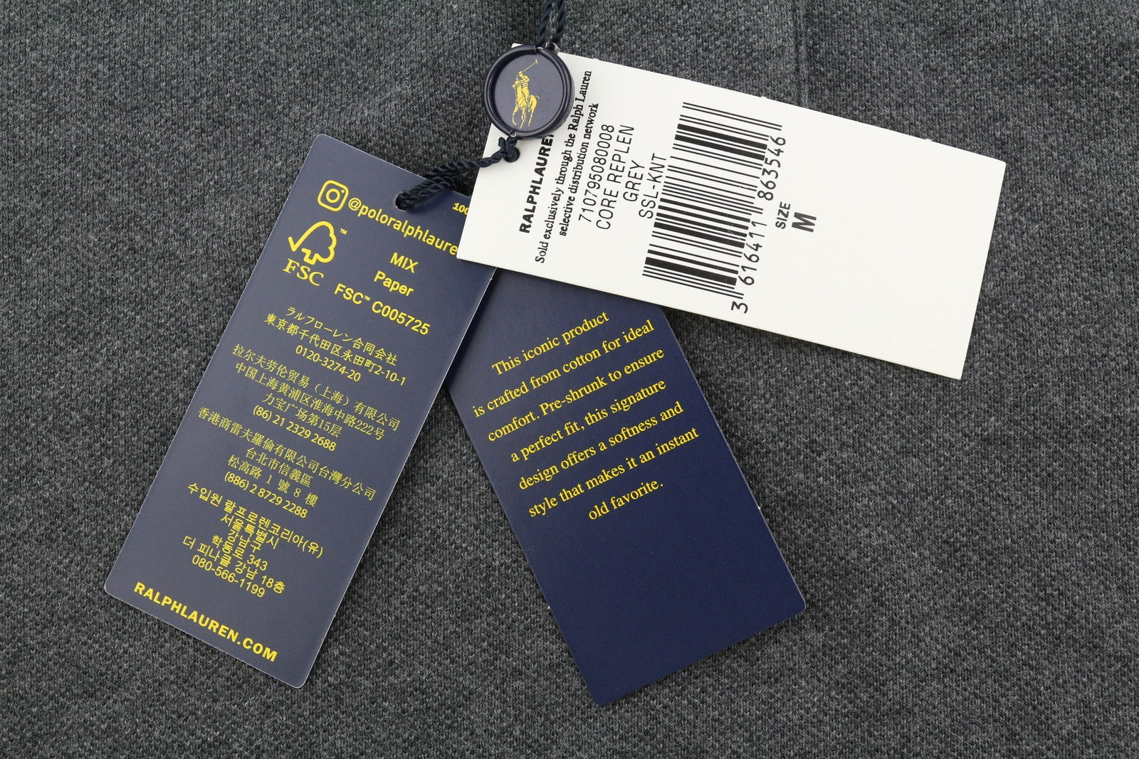 RALPH LAUREN Slim Fit Men Polos M Dark Grey Melange Cotton Logo Short Sleeve