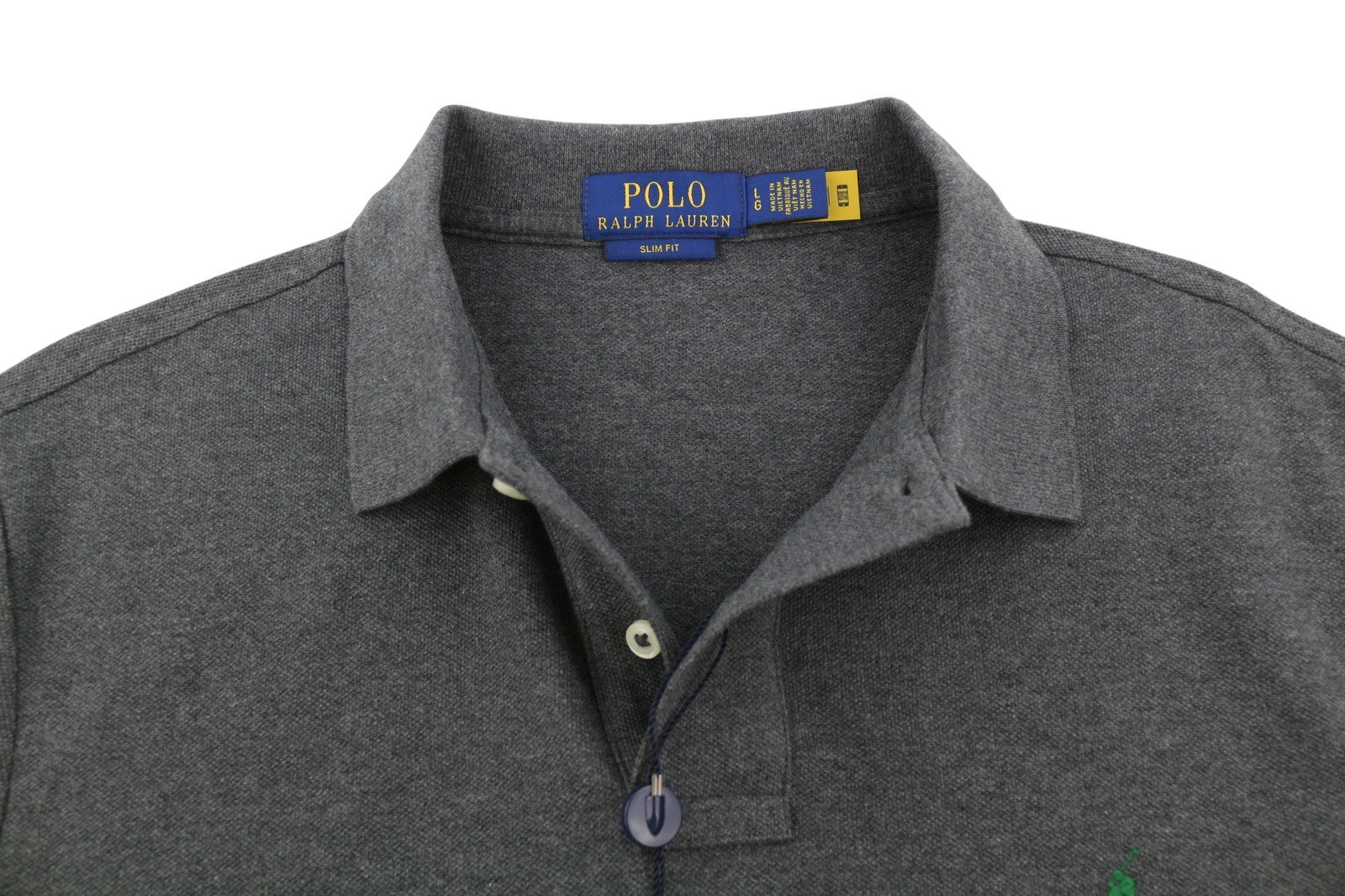 RALPH LAUREN Slim Fit Men Polos L Dark Grey Melange Cotton Logo Short Sleeve