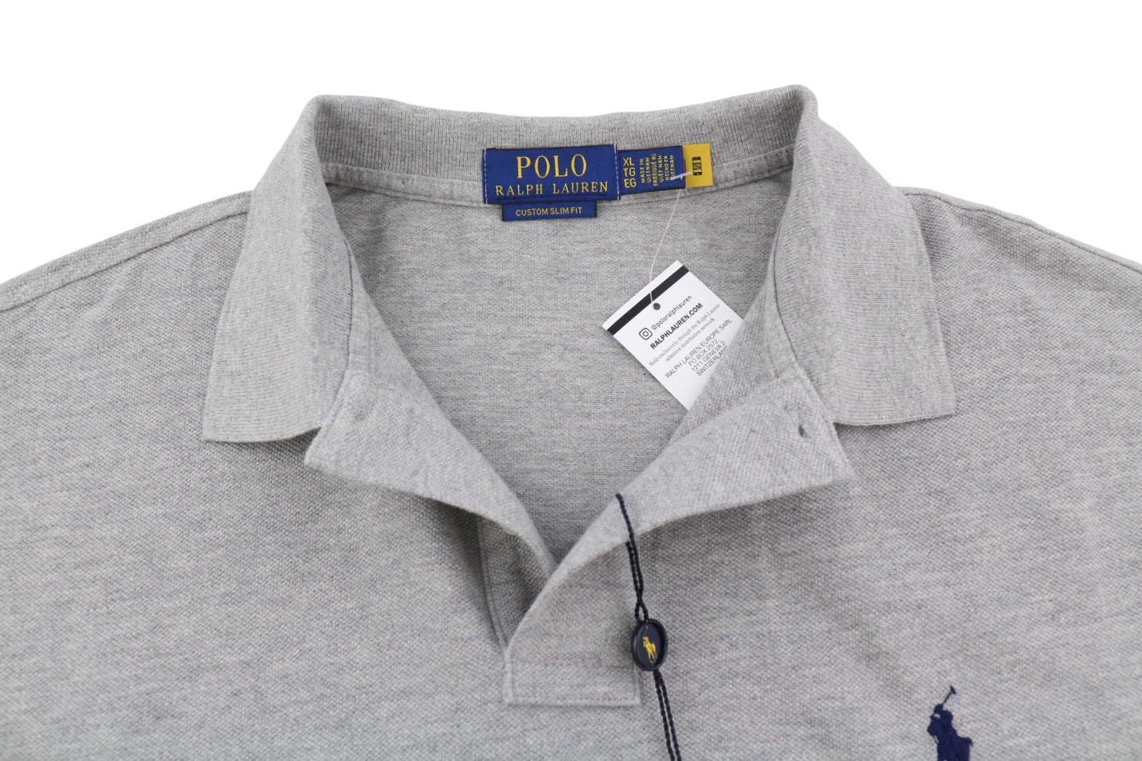 RALPH LAUREN Custom Slim Fit Men Polos XL Grey Melange Cotton Logo Short Sleeve