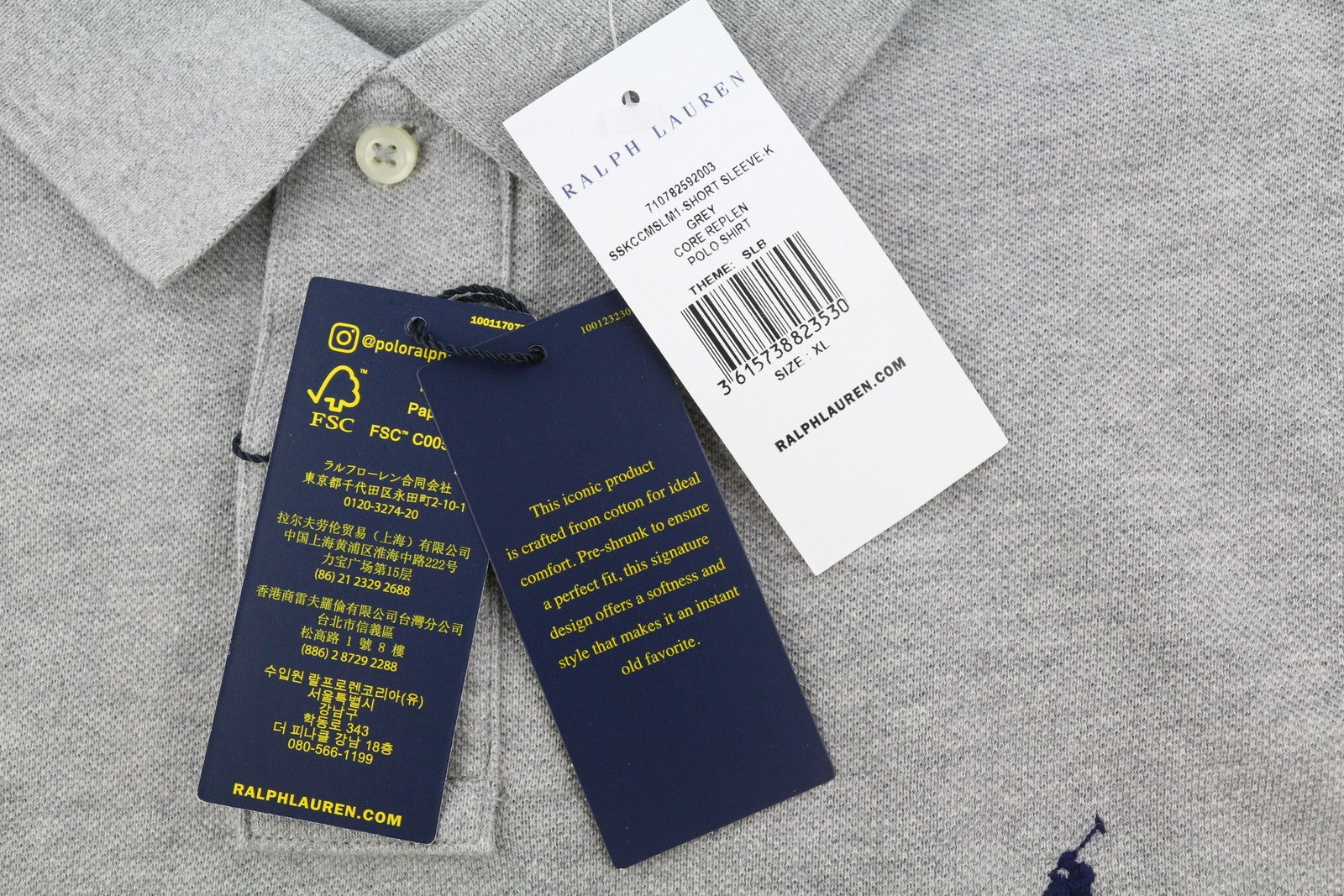 RALPH LAUREN Custom Slim Fit Men Polos XL Grey Melange Cotton Logo Short Sleeve