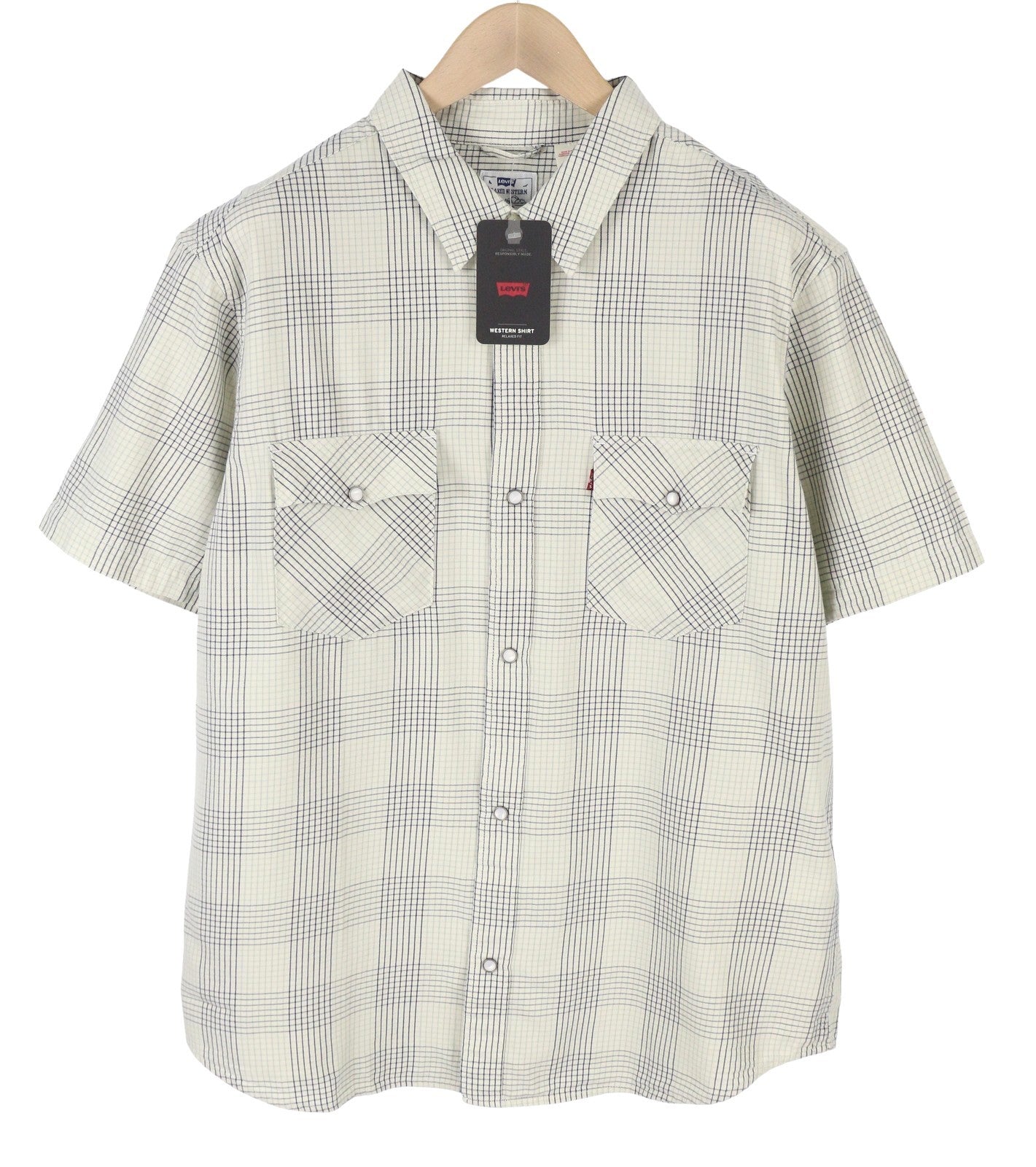 LEVI'S Relaxed Men Shirt S Grey Plaid Snap Buttons Spread Short Sleeve