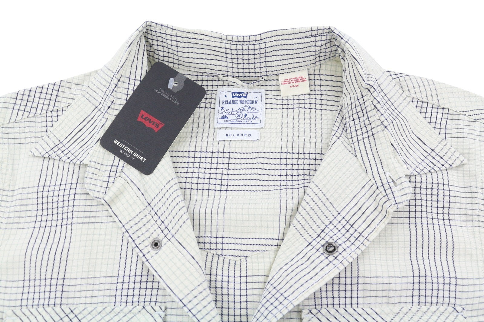 LEVI'S Relaxed Men Shirt S Grey Plaid Snap Buttons Spread Short Sleeve