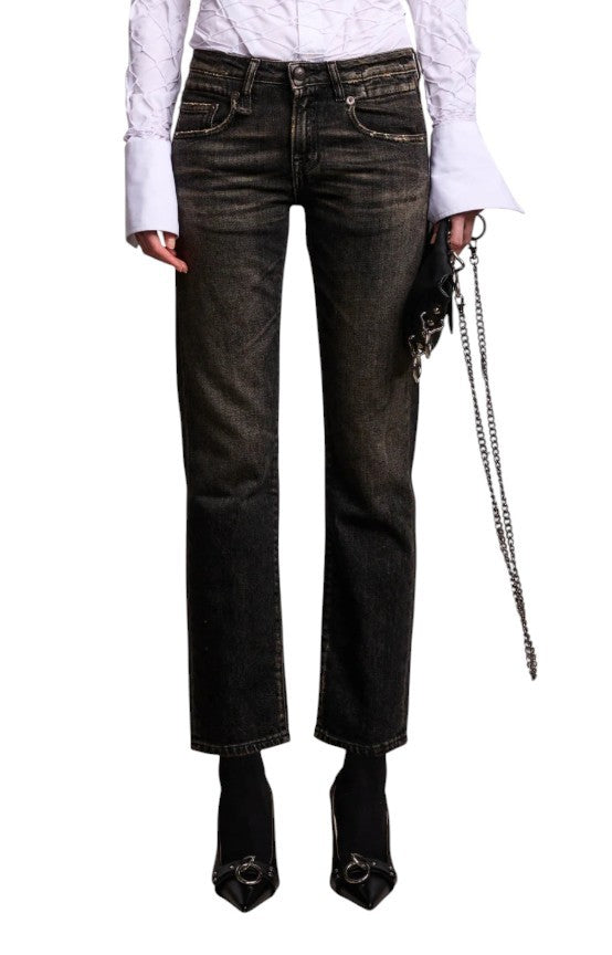 R13 Boy Straight Women Jeans 25 Abbey Black Whiskers Faded Distress Ankle RRP720