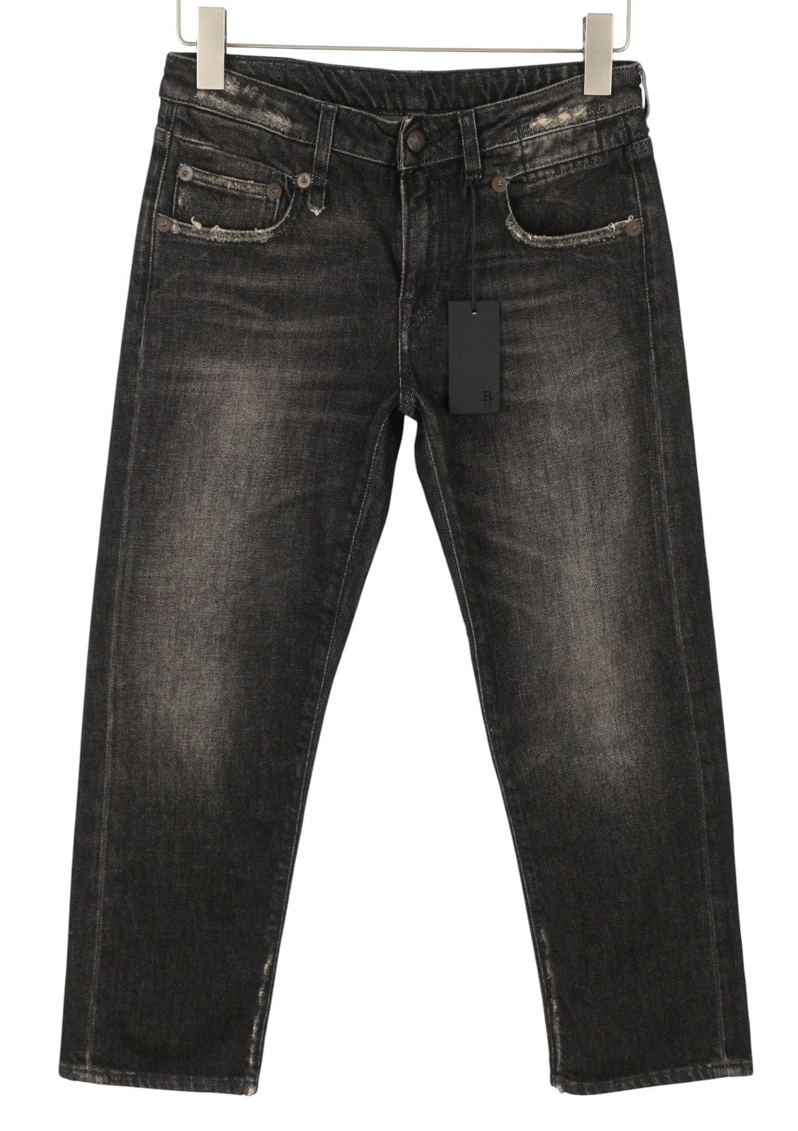 R13 Boy Straight Women Jeans 25 Abbey Black Whiskers Faded Distress Ankle RRP720