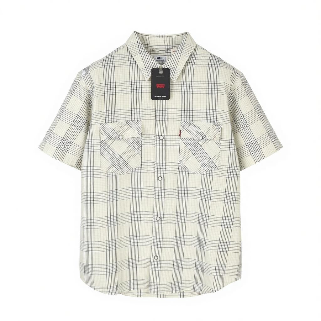 LEVI'S Relaxed Men Shirt L Grey Plaid Snap Buttons Spread Short Sleeve
