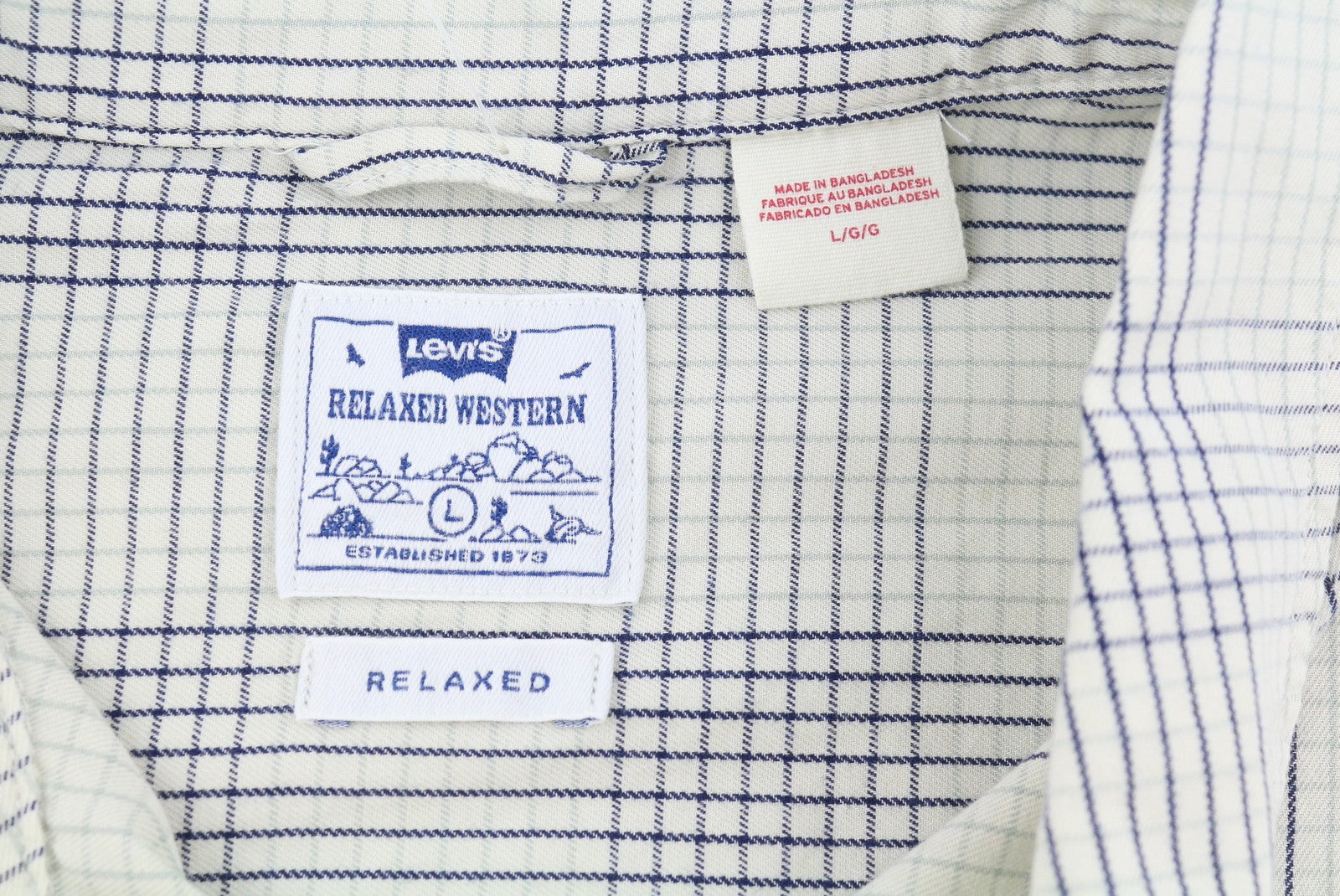 LEVI'S Relaxed Men Shirt L Grey Plaid Snap Buttons Spread Short Sleeve