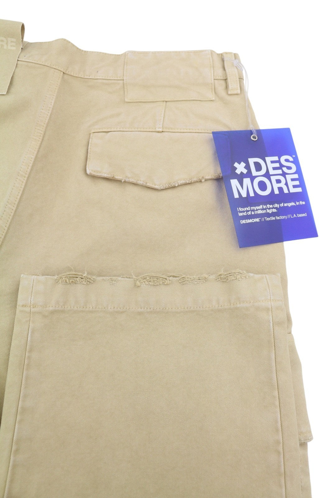 DESMORE Cargo Men Trousers W34 Light Brown Faded Patch Pockets Distress Zip