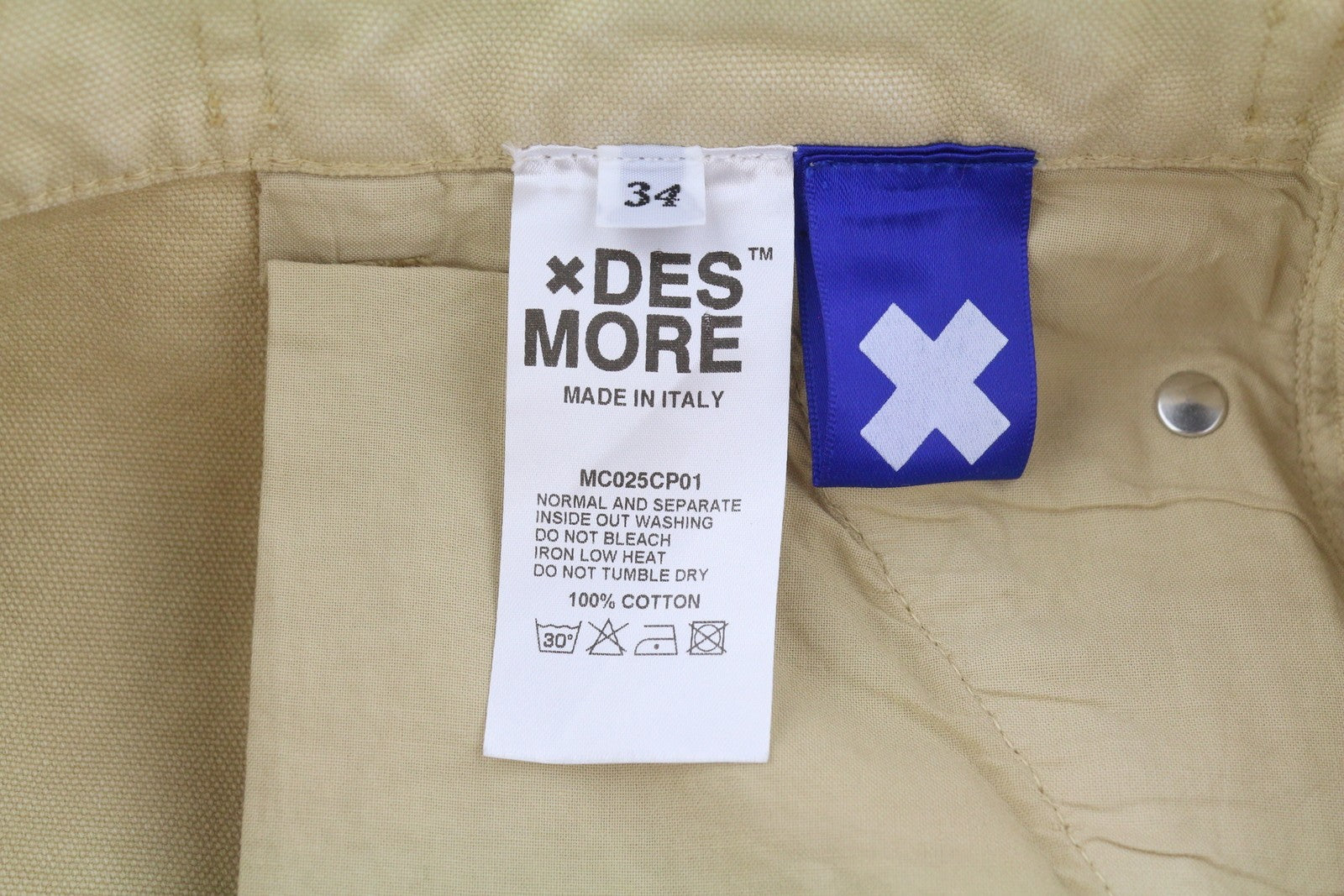 DESMORE Cargo Men Trousers W34 Light Brown Faded Patch Pockets Distress Zip