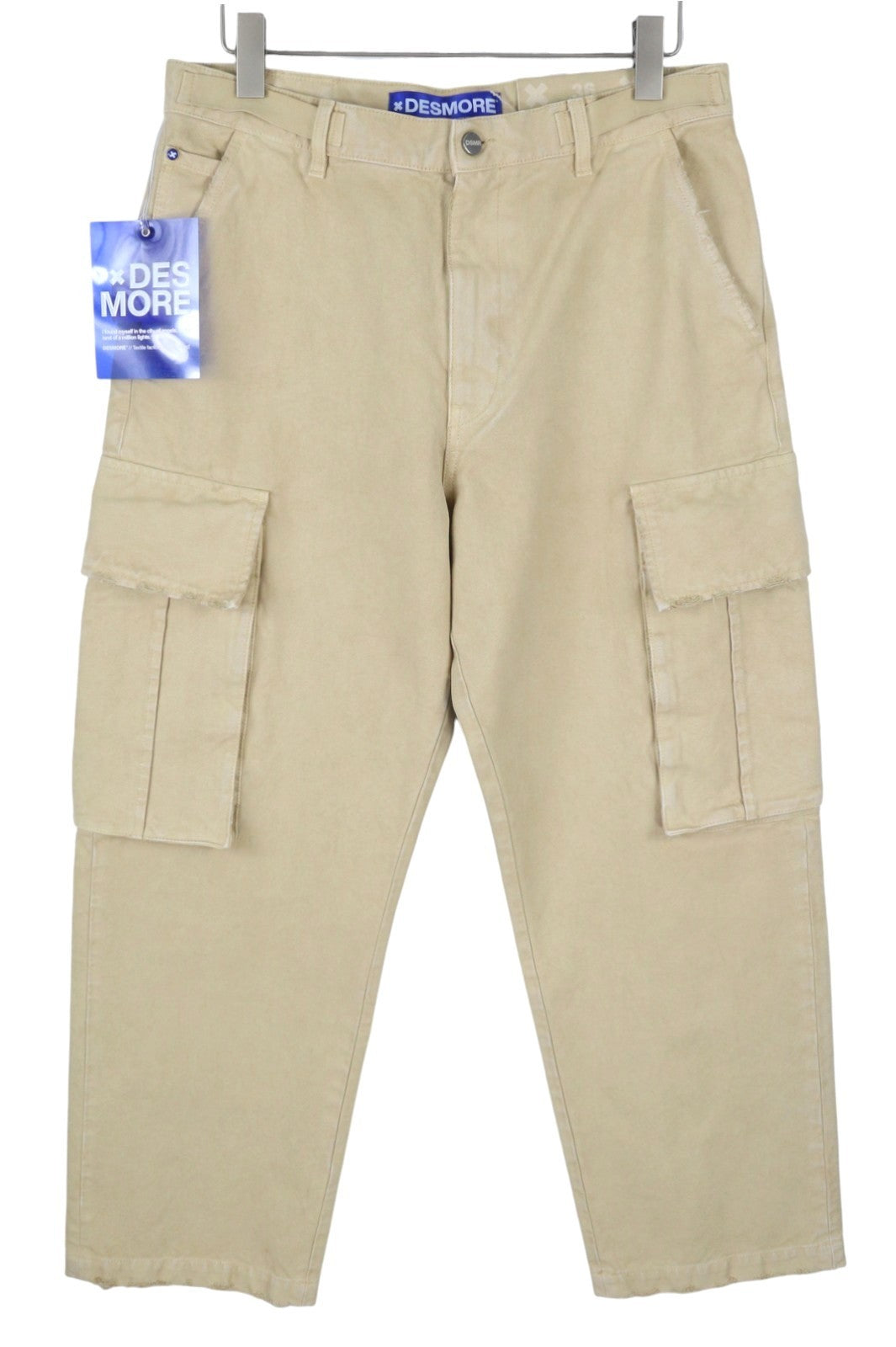 DESMORE Cargo Men Trousers W36 Light Brown Faded Patch Pockets Distress Zip