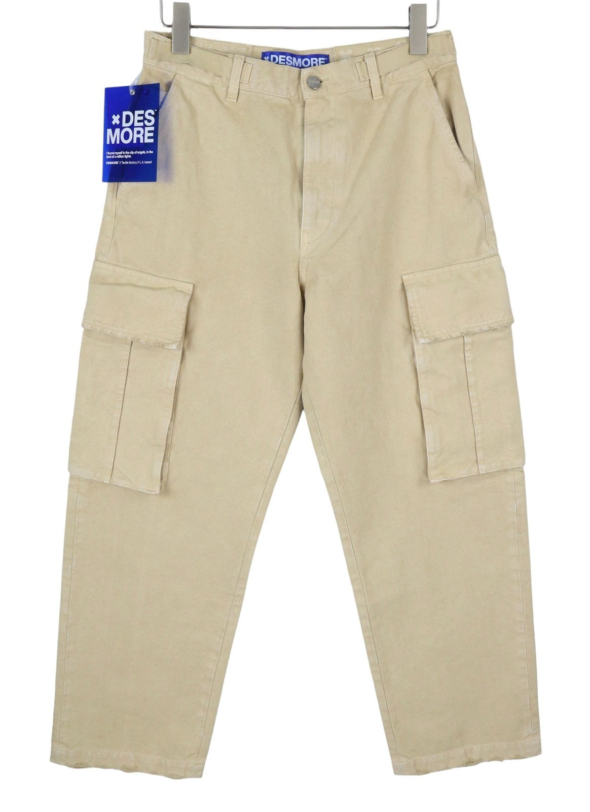 DESMORE Cargo Men Trousers W32 Light Brown Faded Patch Pockets Distress Zip