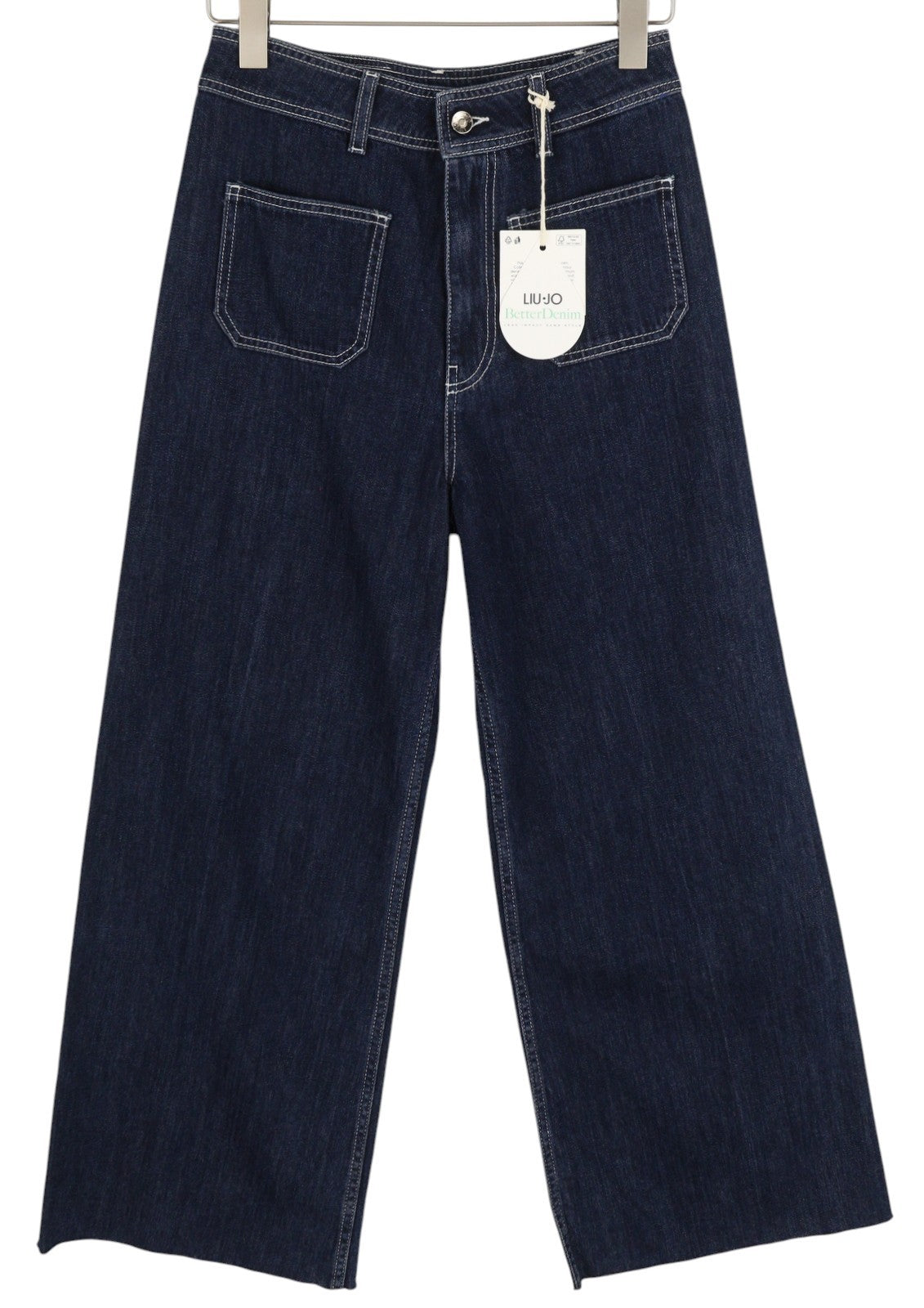 LIU JO Flare Patch Women Jeans W28 Dark Blue Denim Raw Hem Zip Closure