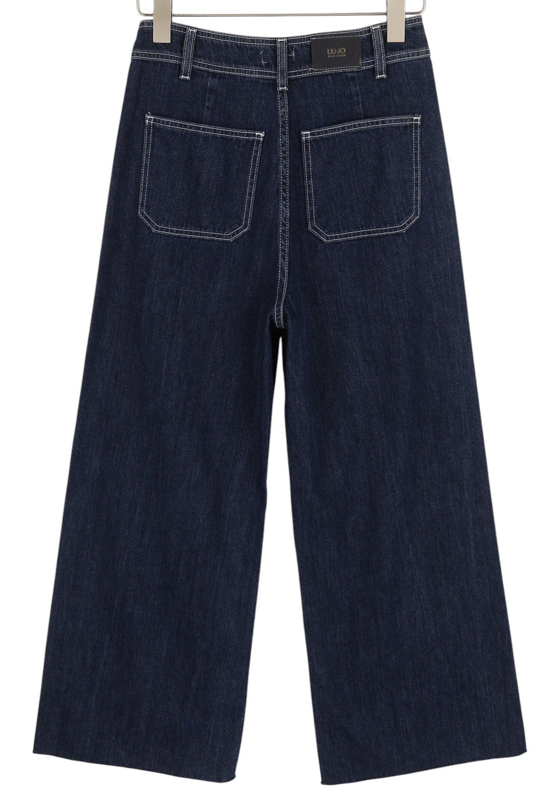 LIU JO Flare Patch Women Jeans W28 Dark Blue Denim Raw Hem Zip Closure