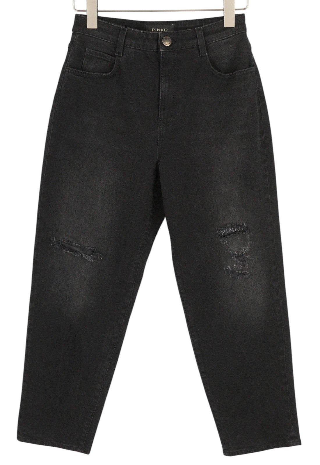 PINKO Maddie Women Jeans W27 Ripped Black Washed Denim Zip Fly Logo