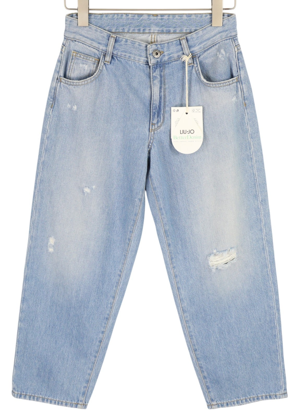 LIU JO Cropped Wide Women Jeans W26 Ripped Washed Blue Denim Zip Fly