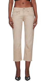 R13 Boy Straight Women Jeans 24 Khaki Stretch Faded Cropped Ankle Zip RRP699