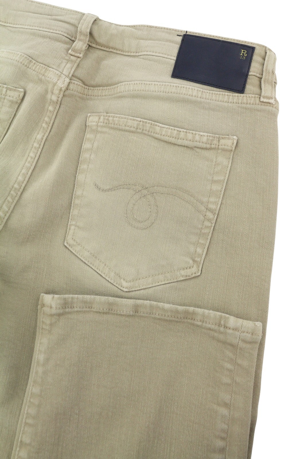 R13 Boy Straight Women Jeans 29 Khaki Stretch Faded Cropped Ankle Zip RRP699