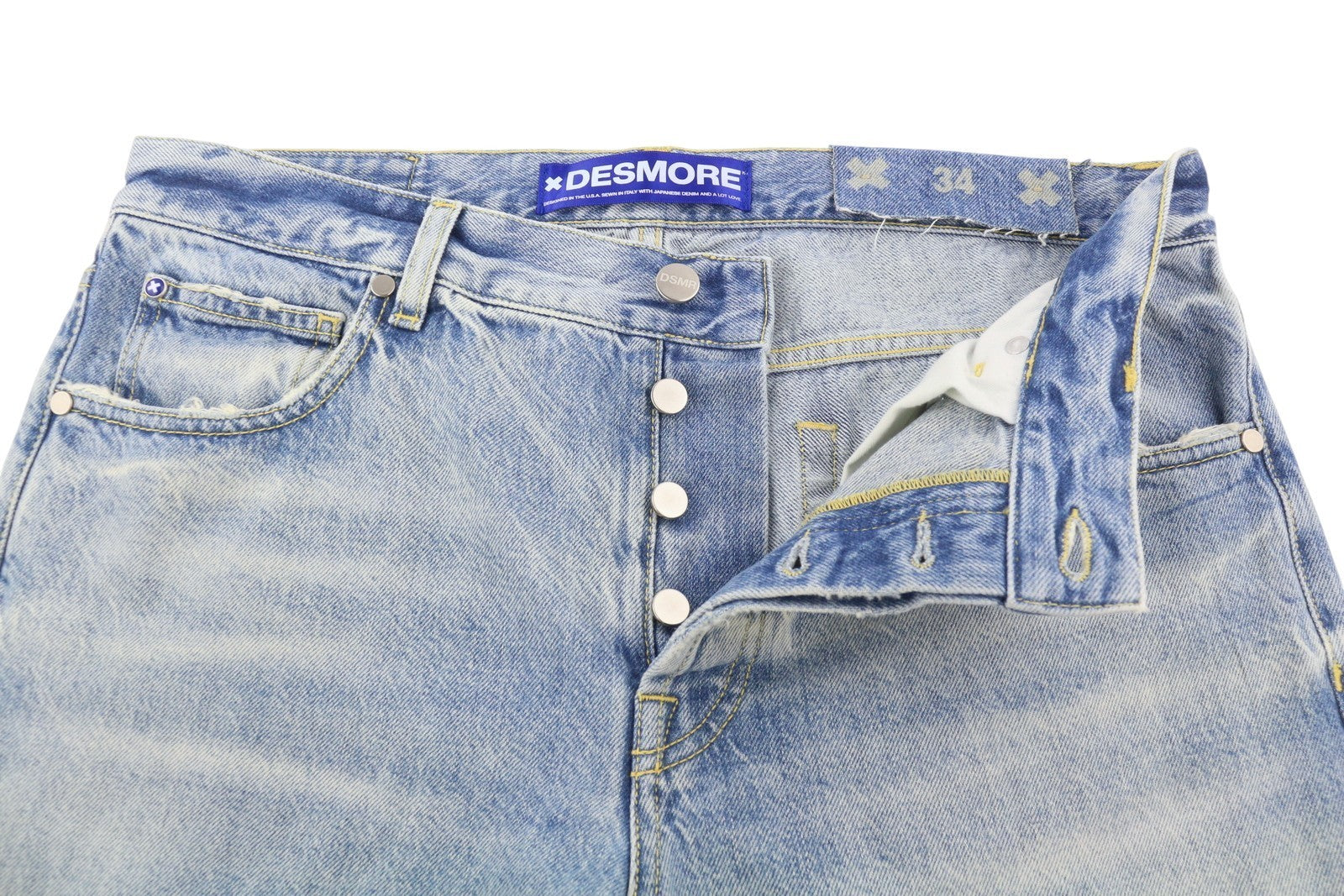 DESMORE 5 Tasche Alex Light Blue Men Jeans W34 Whiskers Faded Slim Button Fly