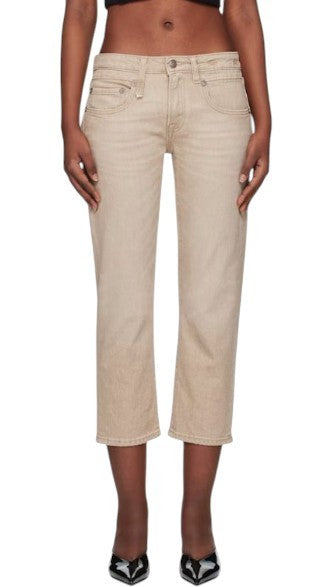 R13 Boy Straight Women Jeans 26 Khaki Stretch Faded Cropped Ankle Zip RRP699