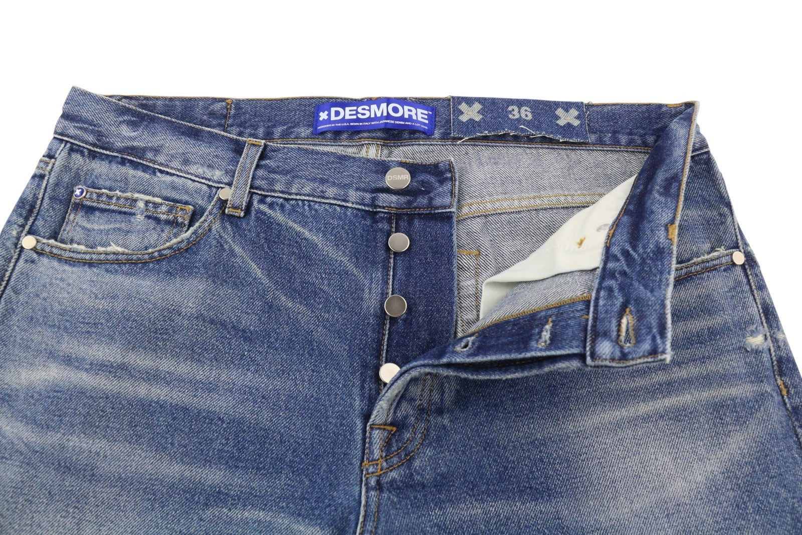 DESMORE 5 Tasche Alex Dark Blue Men Jeans W36 Whiskers Faded Slim Fit Button Fly