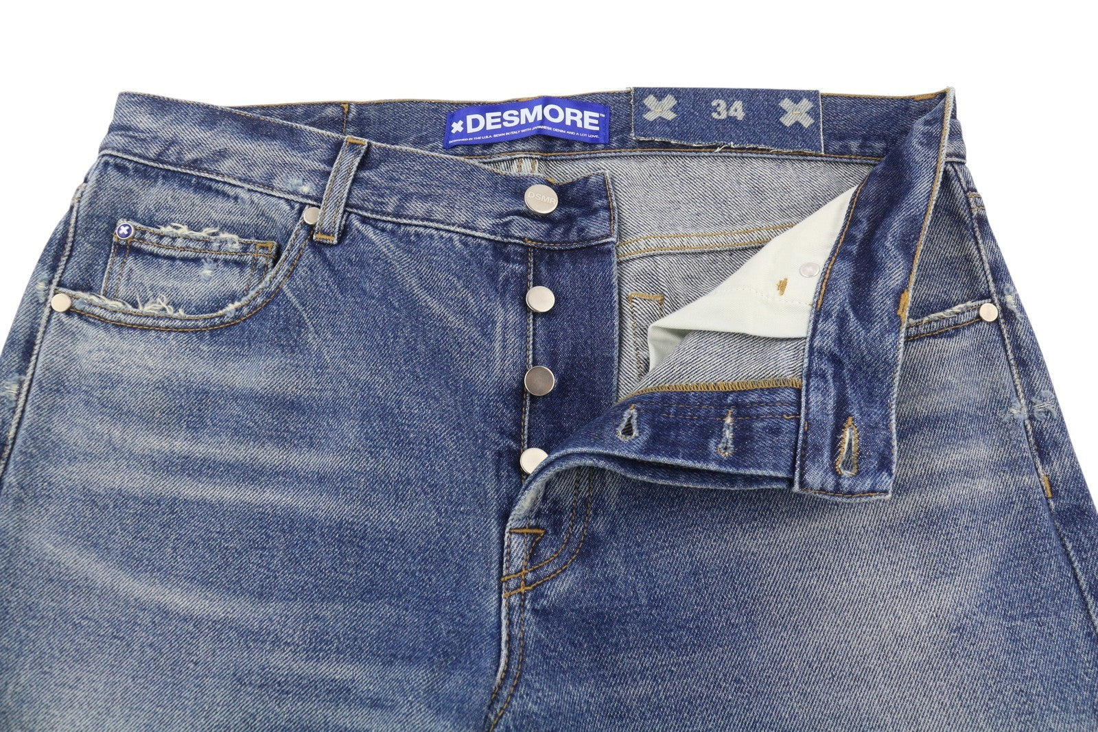 DESMORE 5 Tasche Alex Dark Blue Men Jeans W34 Whiskers Faded Slim Fit Button Fly