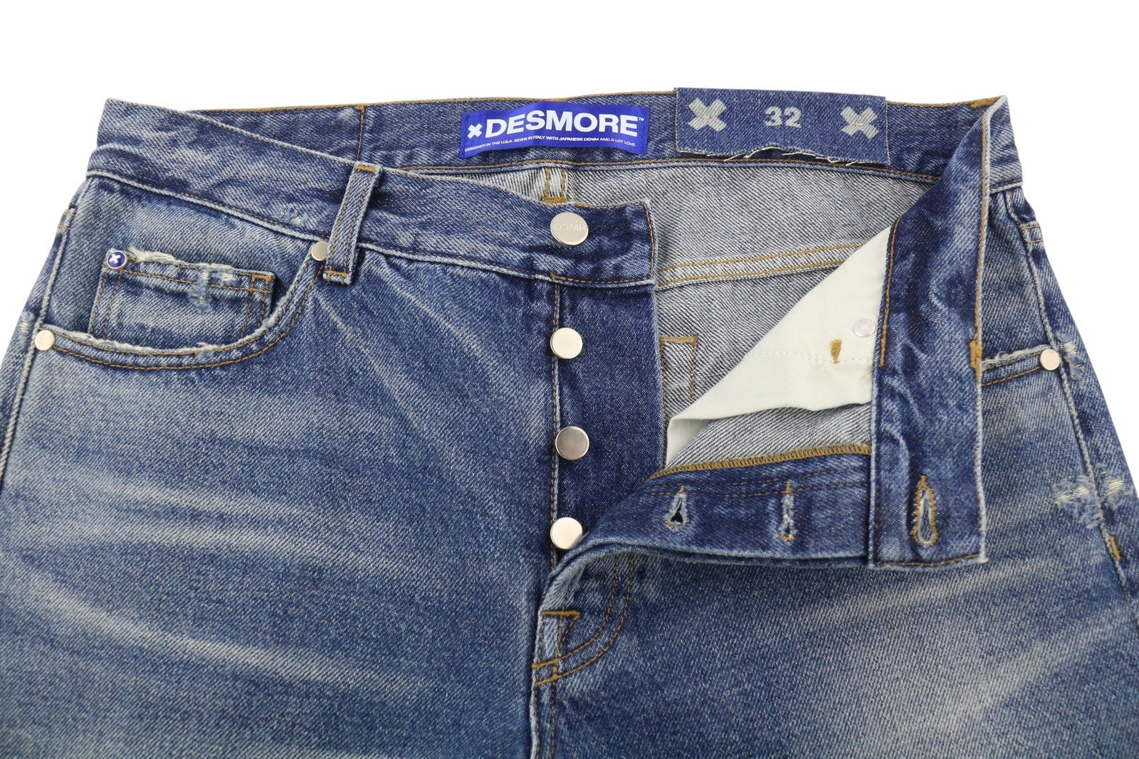 DESMORE 5 Tasche Alex Dark Blue Men Jeans W32 Whiskers Faded Slim Fit Button Fly