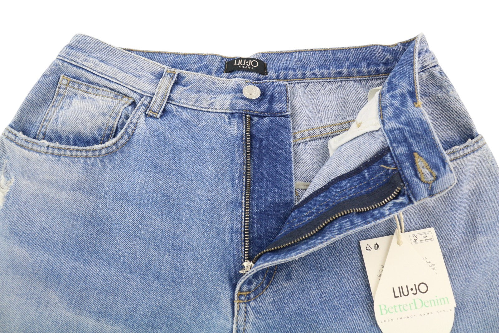 LIU JO Pilar Women Jeans W28 Wide Leg Ripped Washed Blue Denim High