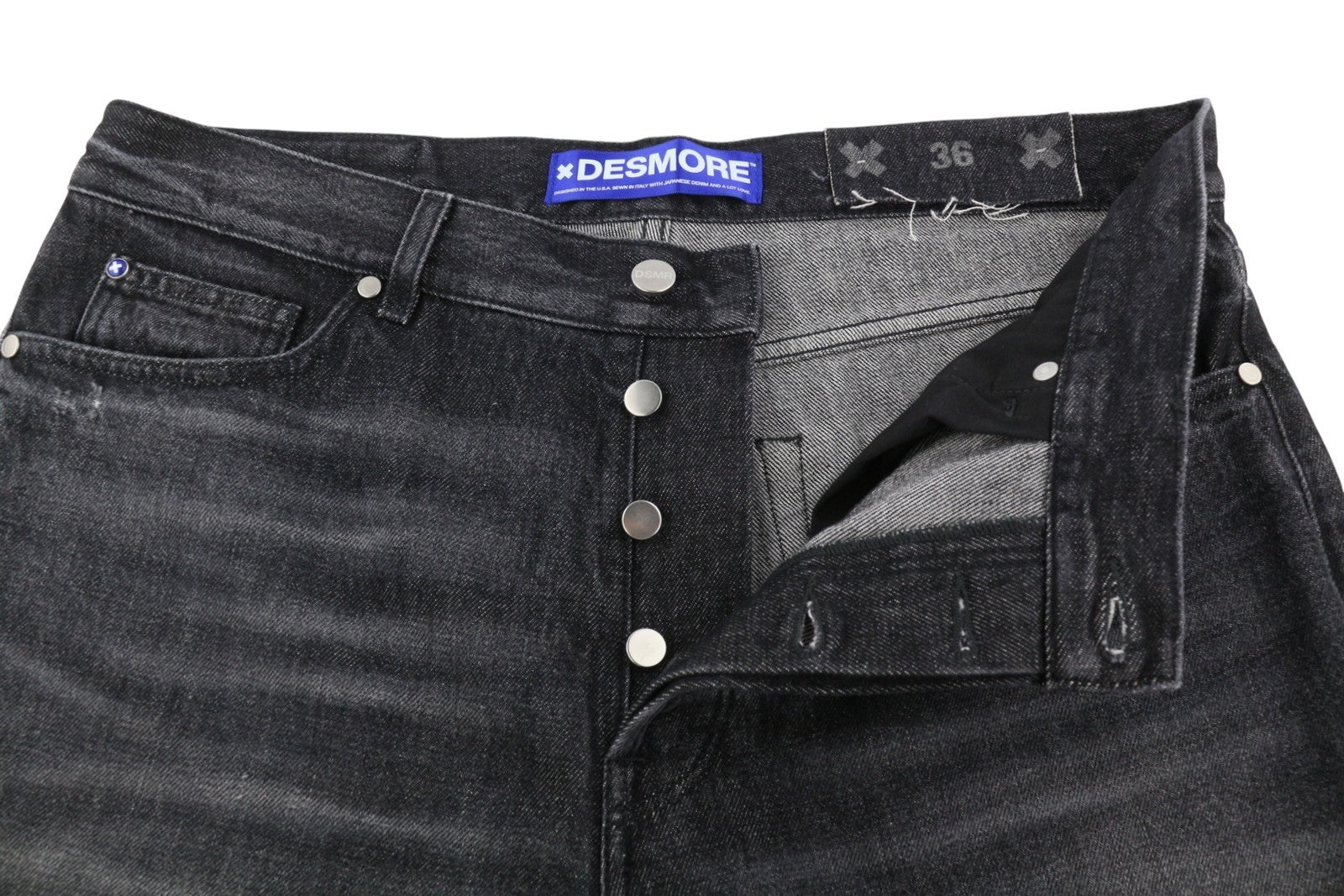 DESMORE 5 Tasche Co Black Men Jeans W36 Whiskers Faded Slim Fit Button Fly